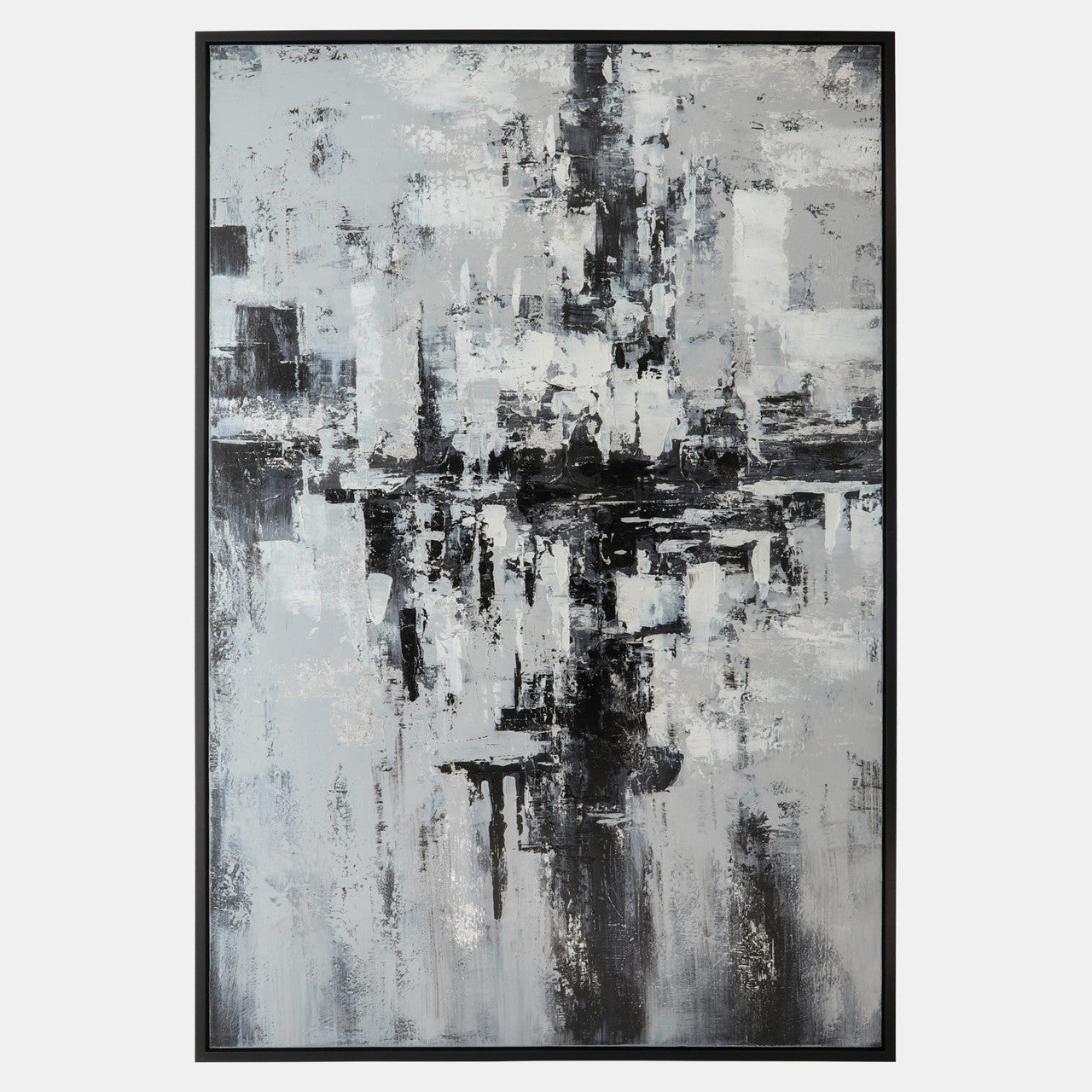 ABSTRACT CANVAS, BLACK/WHITE ON BLACK FRAME 62X42