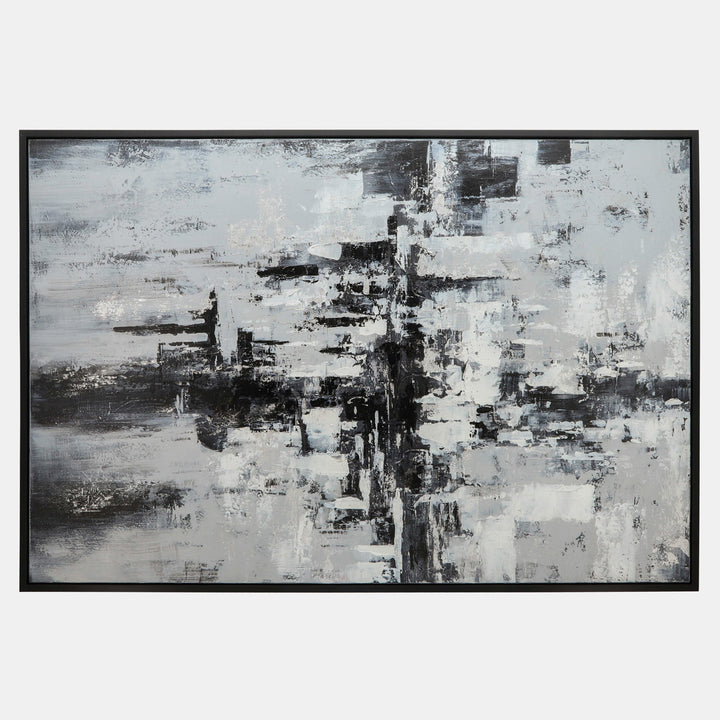 ABSTRACT CANVAS, BLACK/WHITE ON BLACK FRAME 62X42