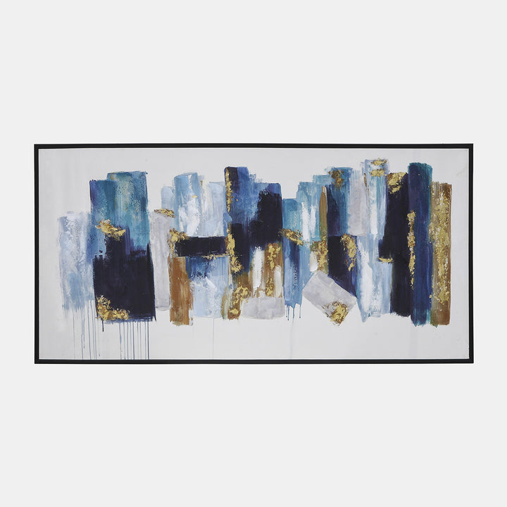 HANDPAINTED ABSTRACT CANVAS, BLUE/GOLD 64X32