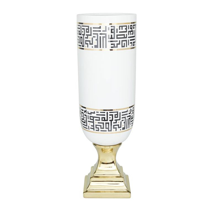 White Ceramic Vase with Greek Knot Pattern and Gold Base,