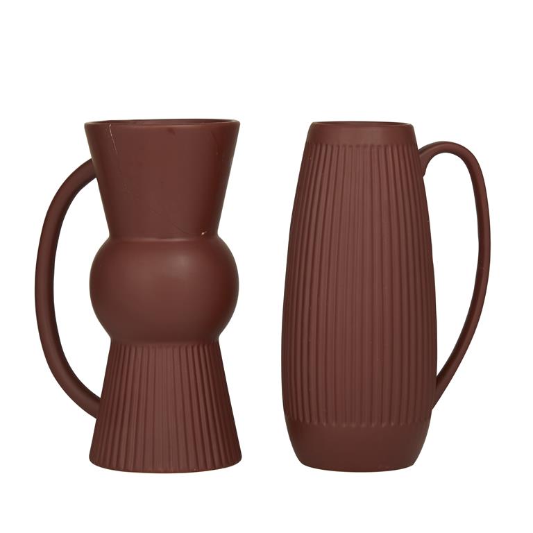 Red Ceramic Ribbed Vase with Handles, Set of 2 7"W, 12"H