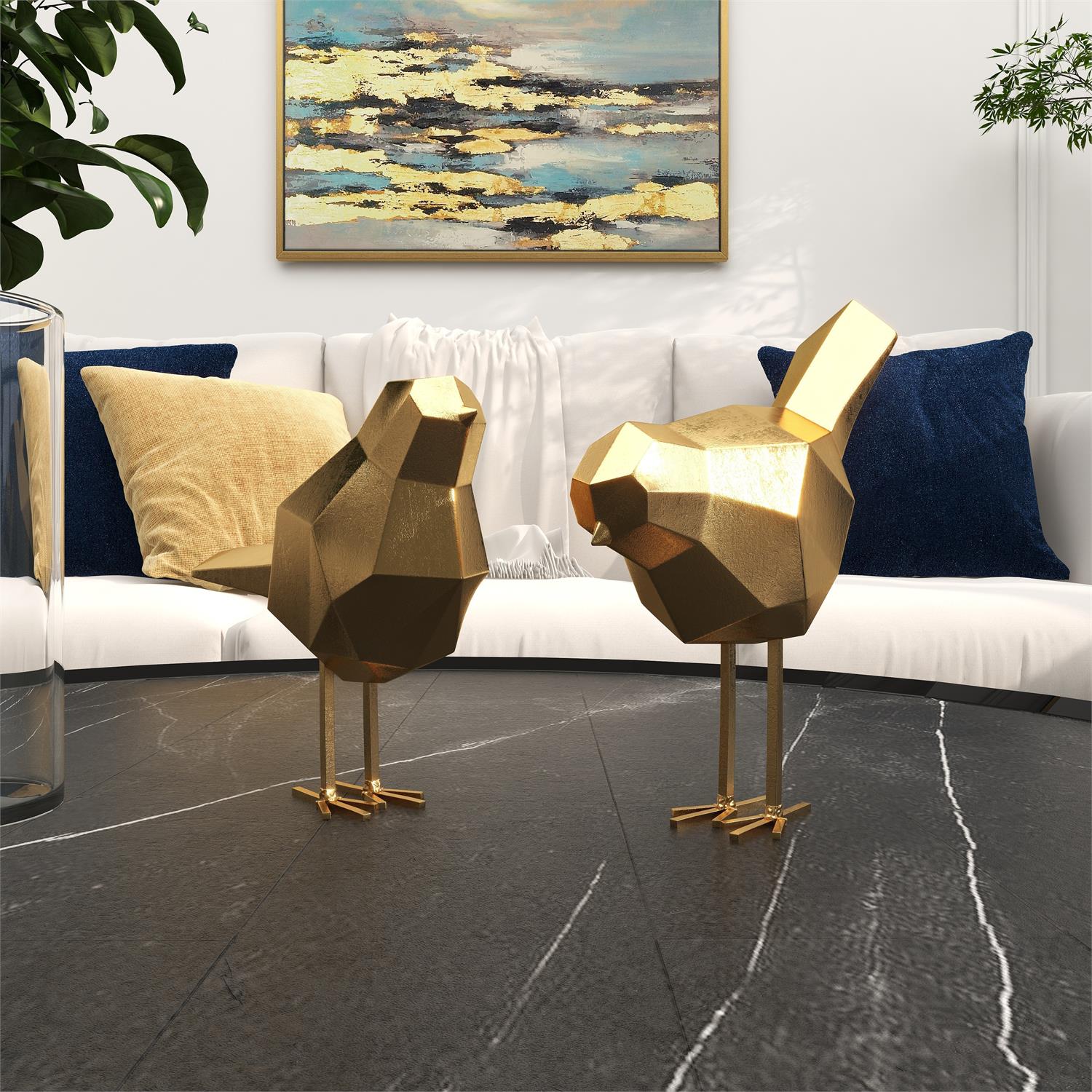 Gold Polystone Glam Birds Sculpture, Set of 2 7", 8"H