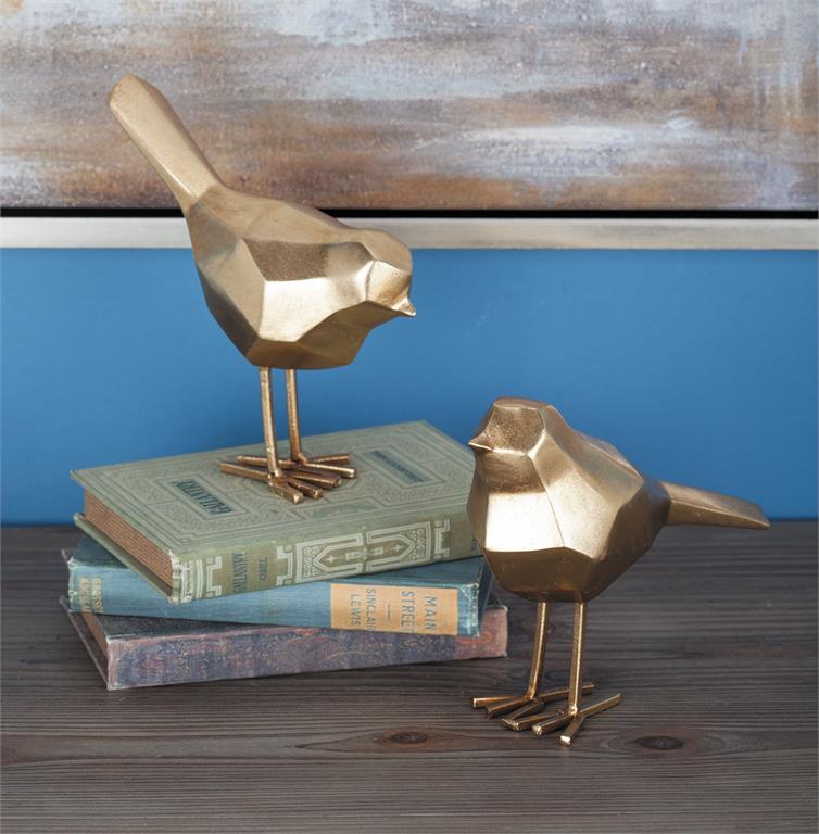 Gold Polystone Glam Birds Sculpture, Set of 2 7", 8"H