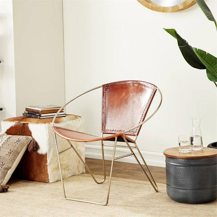 Brown Leather Round Chair with Silver Frame,