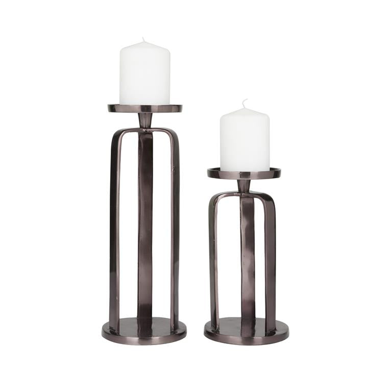 Black Aluminum Geometric Pillar Candle Holder, Set of 2 14", 10"H