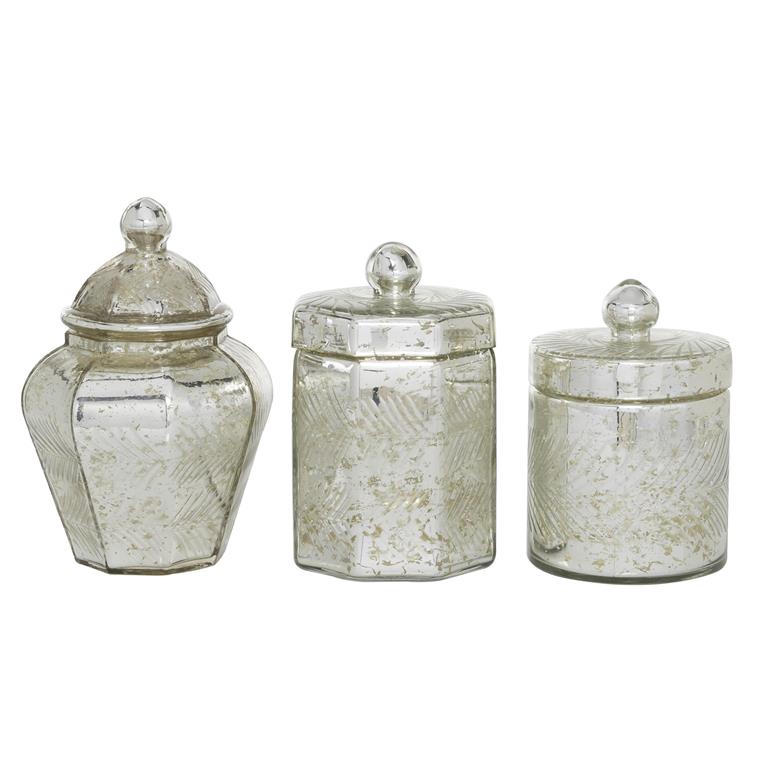 Silver Glass Decorative Jars, Set of 3 8", 9", 7"H