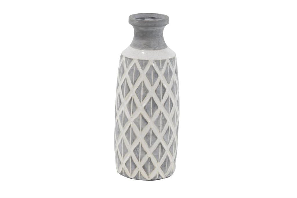 Gray Ceramic Vase with Diamond Pattern, 6" x 6" x 16"