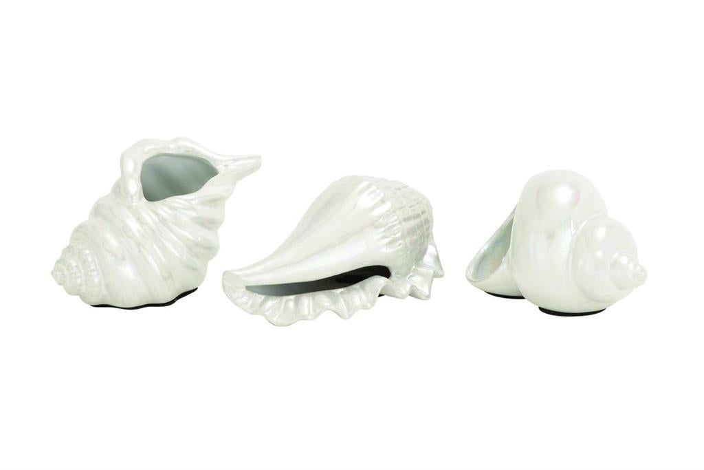 White Ceramic Shell Shell Sculpture, Set of 3 8", 7", 6"W