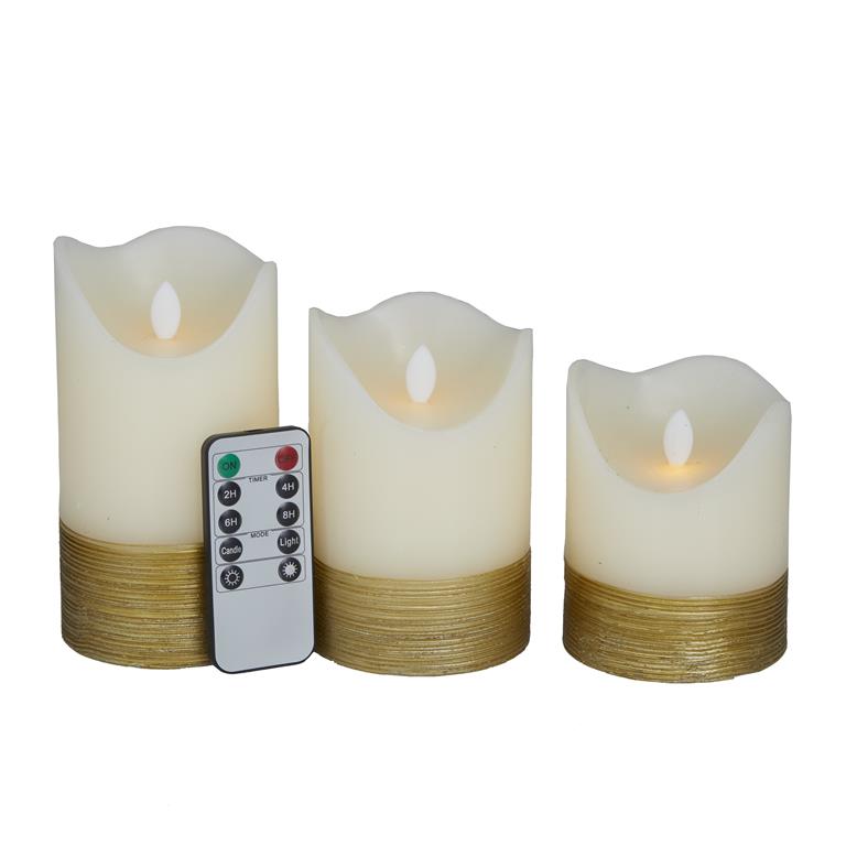 Gold Wax Gold Base Flameless Candle with Remote Control, Set of 3 6", 5", 4"H