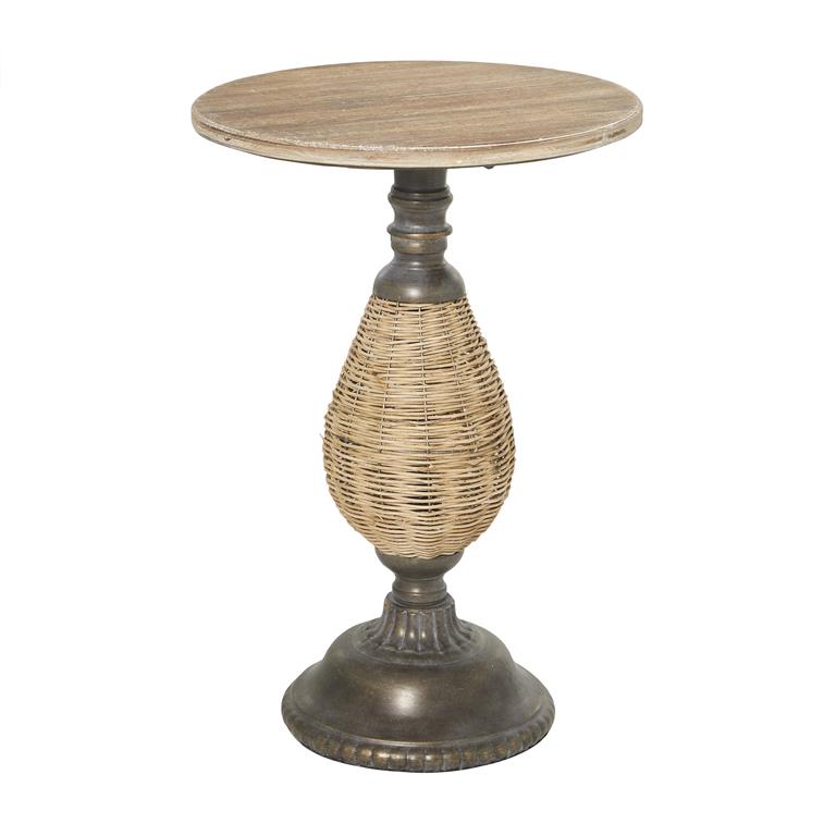 BROWN WOOD ACCENT TABLE WITH BLACK METAL AND RATTAN BASE, 15" X 15" X 22"